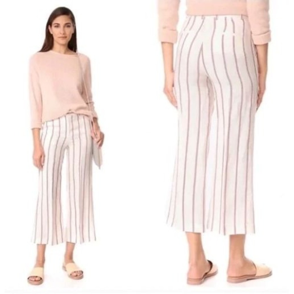 Theory Nadeema Sz M Wide Leg Stripe Linen Crop Pant White Red Raspberry $295
